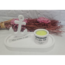 Weisses Deko Tablett mit Kerzenhalter und Spruch Ankerliebe