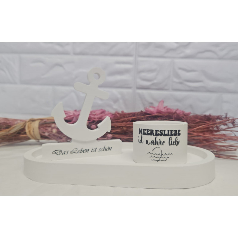 Weisses Deko Tablett mit Kerzenhalter und Spruch Ankerliebe