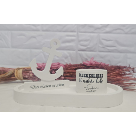 Weisses Deko Tablett mit Kerzenhalter und Spruch Ankerliebe