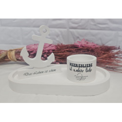 Weisses Deko Tablett mit Kerzenhalter und Spruch Ankerliebe