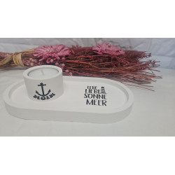 Weisses Deko Tablett mit Kerzenhalter und Spruch Maritim