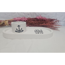 Weisses Deko Tablett mit Kerzenhalter und Spruch Maritim