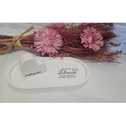 Weißes Dekotablett mit Fotohalter und Spruch Zuhause