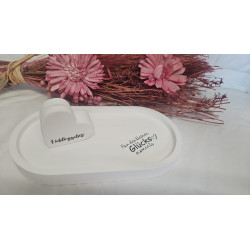 Weißes Dekotablett mit Fotohalter und Spruch Glück